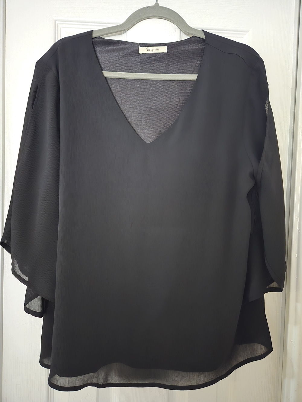 Rebecca Taylor Black V-Neck Chiffon Blouse with Flutter Sleeves